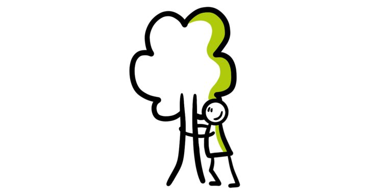 Illustratie van poppetje die boom knuffelt